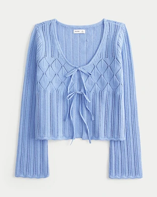 Crochet-Style Tie-Front Textured Sweater