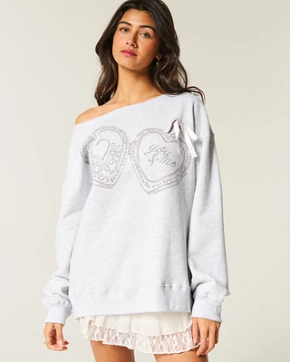 Oversized Off-the-Shoulder Heart Graphic Sweatshirt