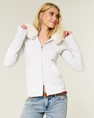 Faux Fur Trim Zip-Up Hoodie