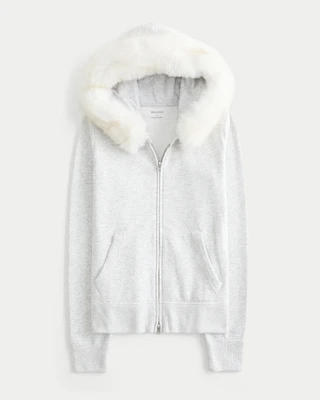 Faux Fur Trim Zip-Up Hoodie