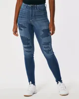 Curvy Ultra High-Rise Ripped Medium Wash Patched Jean Leggings