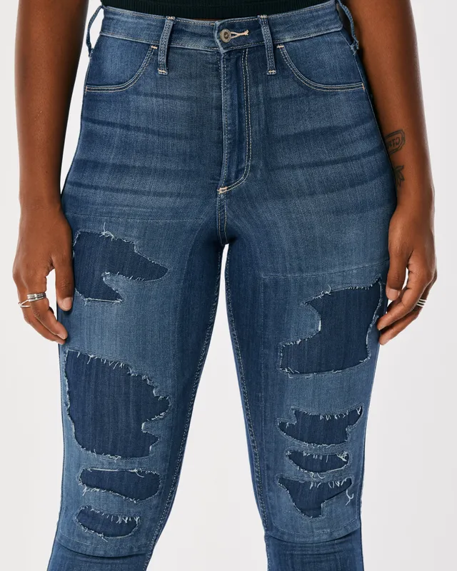 Hollister Curvy Ultra High-Rise Ripped Medium Wash Patched Jean Leggings