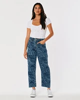 High-Rise Dark Wash Butterfly Print Barrel Jeans