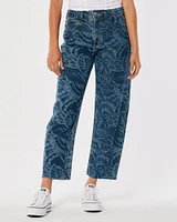 High-Rise Dark Wash Butterfly Print Barrel Jeans