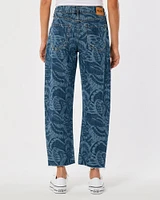 High-Rise Dark Wash Butterfly Print Barrel Jeans