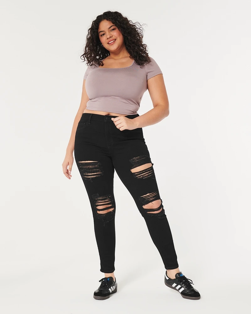 Curvy High-Rise Ripped Black Super Skinny Jeans