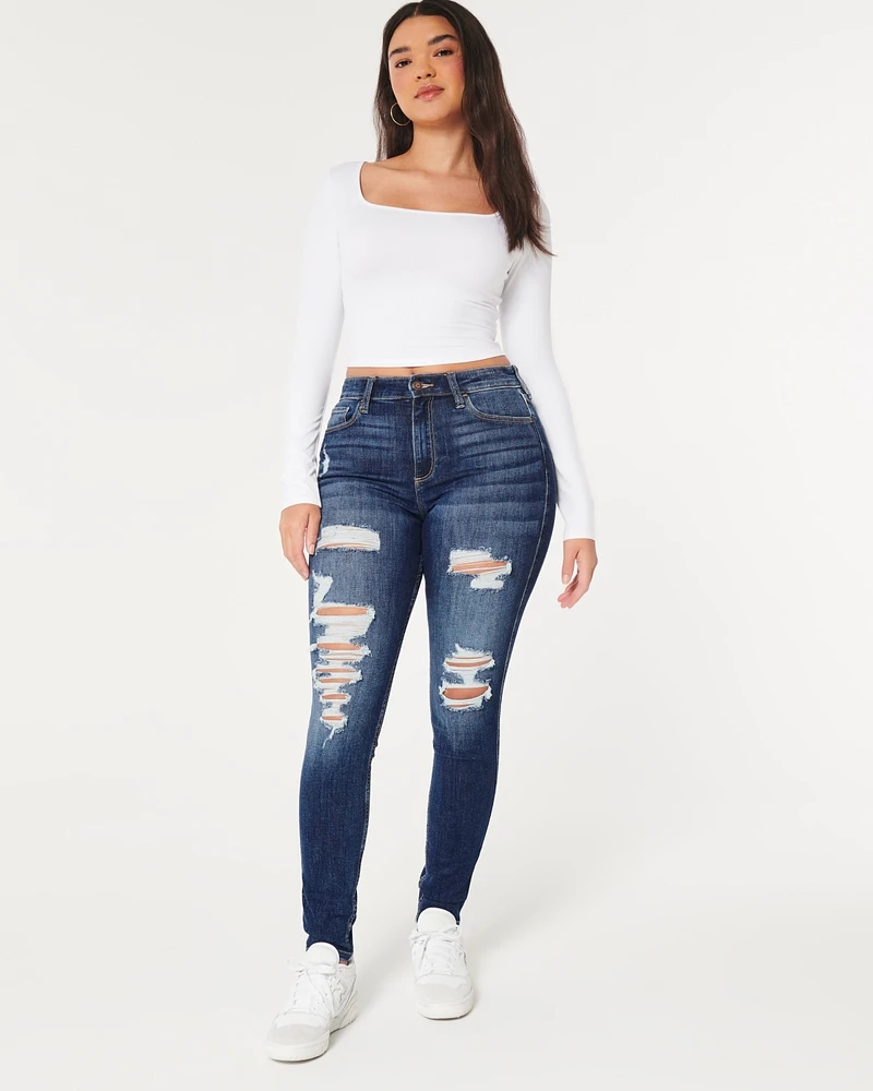 Curvy High-Rise Ripped Medium Wash Super Skinny Jeans