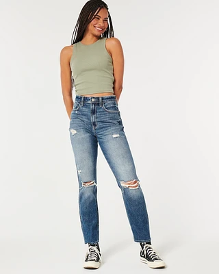 Ultra High-Rise Ripped Medium Wash Mom Jeans