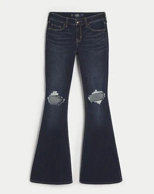 Low-Rise Ripped Dark Wash Flare Jeans