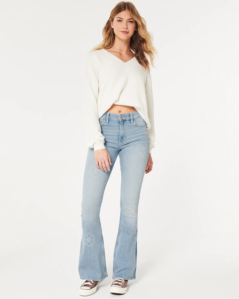 High-Rise Medium Wash Floral Embroidered Flare Jean