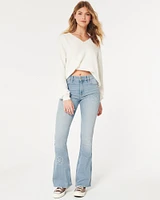 High-Rise Medium Wash Floral Embroidered Flare Jean