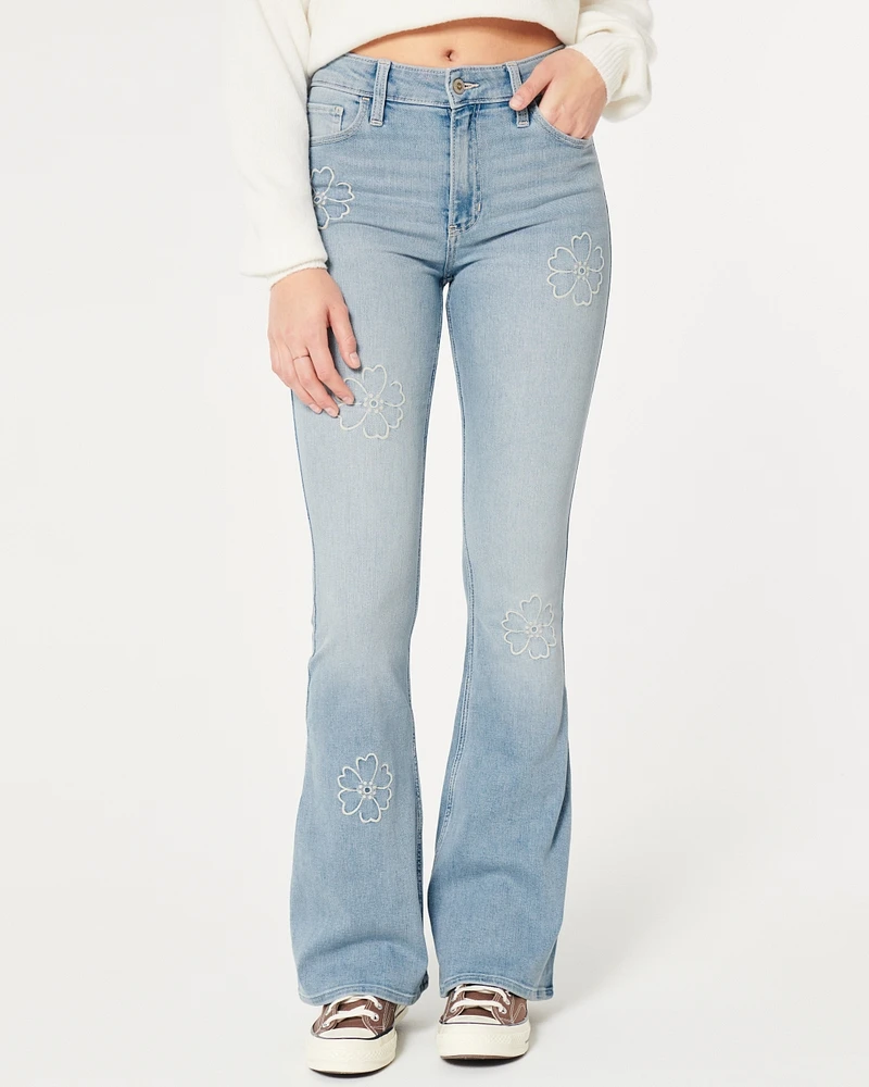 High-Rise Medium Wash Floral Embroidered Flare Jean