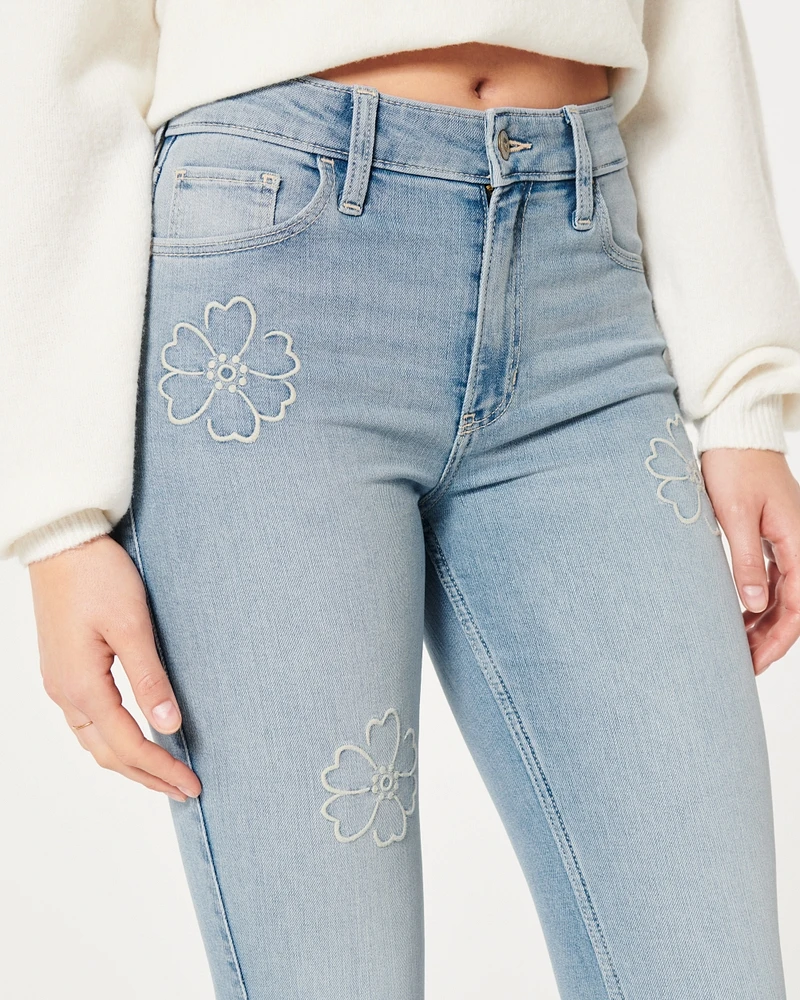 High-Rise Medium Wash Floral Embroidered Flare Jean