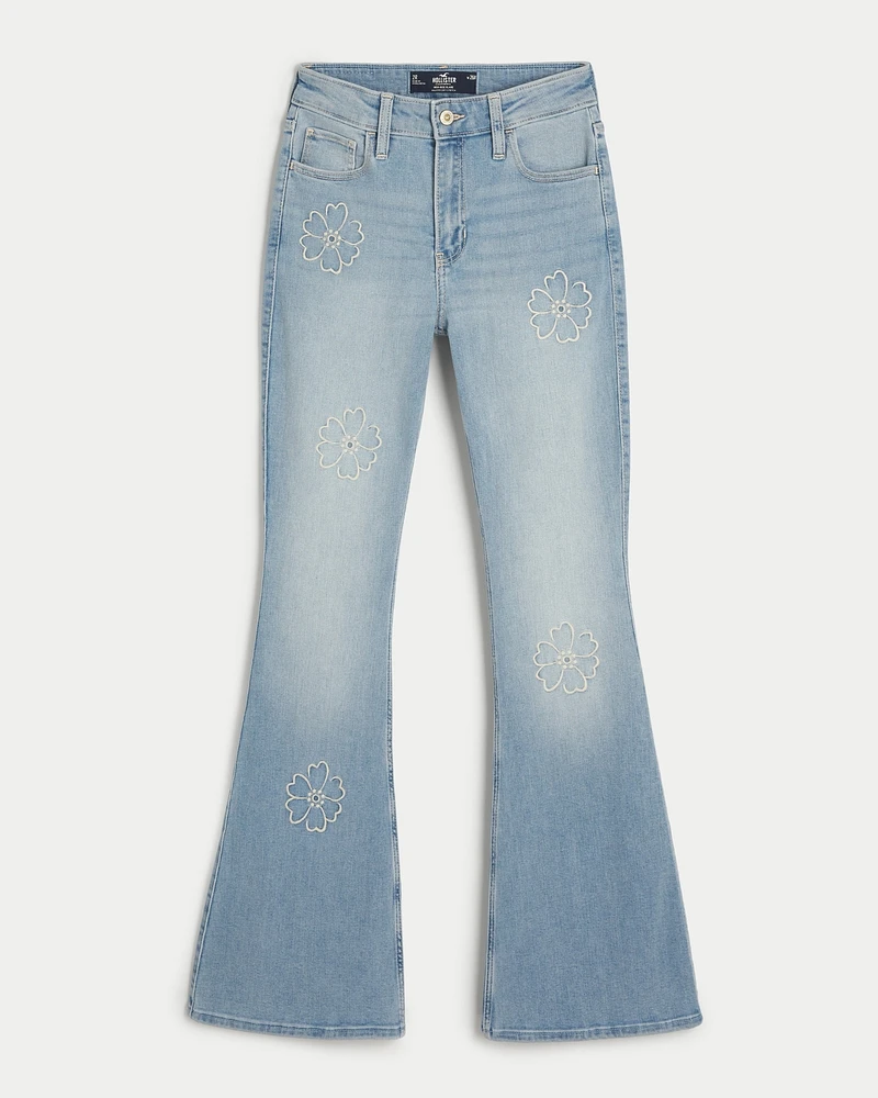 High-Rise Medium Wash Floral Embroidered Flare Jean