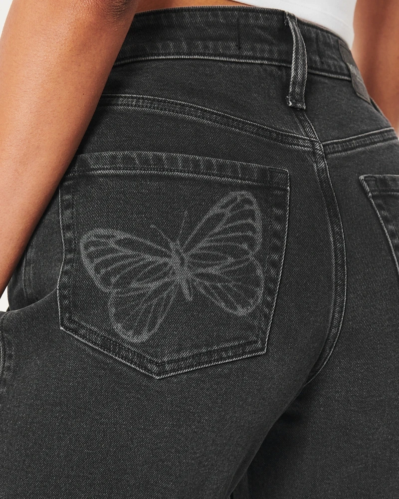 Ultra High-Rise Washed Black Butterfly Print Dad Jeans