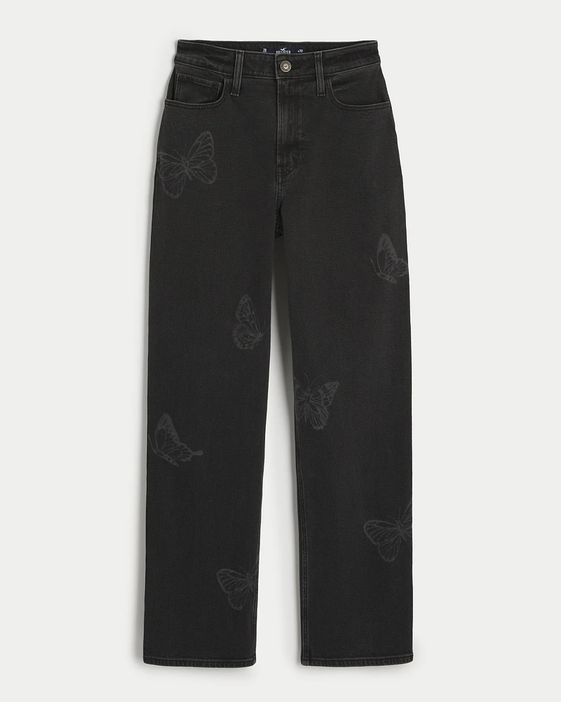 Ultra High-Rise Washed Black Butterfly Print Dad Jeans
