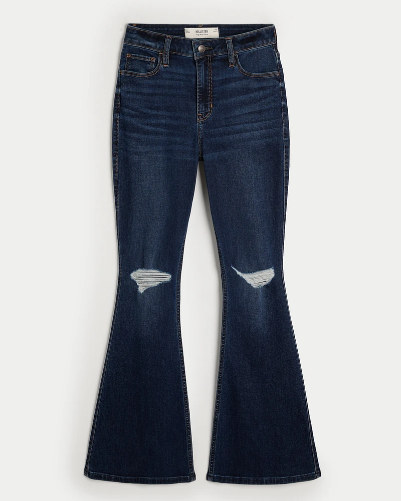 High-Rise Ripped Dark Wash Flare Jeans