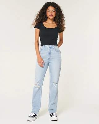 Ultra High-Rise Light Wash Ripped 90s Straight Jeans