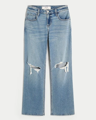 Low-Rise Medium Wash Ripped Relaxed Straight Jeans