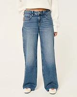 Low-Rise Medium Wash Embroidered Heart Baggy Jeans