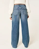 Low-Rise Medium Wash Embroidered Heart Baggy Jeans