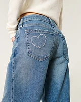 Low-Rise Medium Wash Embroidered Heart Baggy Jeans