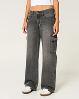 Low-Rise Washed Black Baggy Cargo Jeans