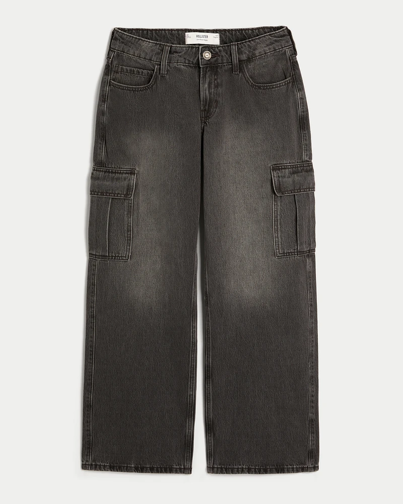 Low-Rise Washed Black Baggy Cargo Jeans