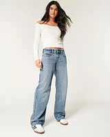 Low-Rise Medium Wash Embroidered Bow Baggy Jeans