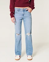 Low-Rise Ripped Medium Wash Relaxed Straight Jeans