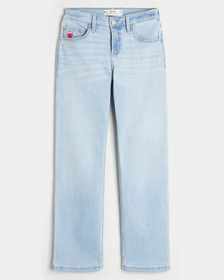 Low-Rise Light Wash Strawberry Graphic Relaxed Straight Jeans