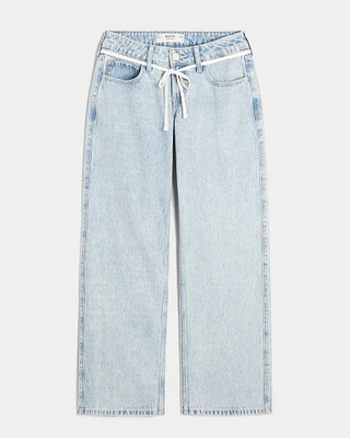 Low-Rise Light Wash Tie-Waist Baggy Jeans