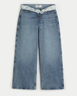 Curvy Low-Rise Medium Wash Foldover Waist Super Baggy Jeans