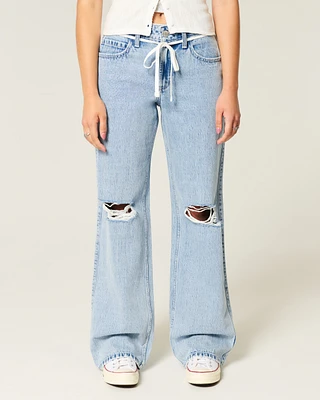Curvy Ripped Mid-Rise Light Wash Shoelace Waist Baggy Jeans