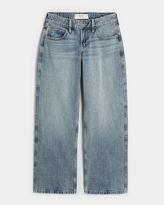Low-Rise Medium Wash Floral Embroidered Baggy Jeans