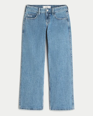 Low-Rise Medium Wash Embroidered Fruit Baggy Jeans