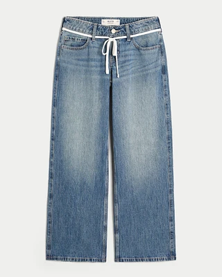 Low-Rise Medium Wash Shoestring Waist Baggy Jeans