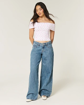 Curvy Low-Rise Medium Wash Shell Embroidery Super Baggy Jeans