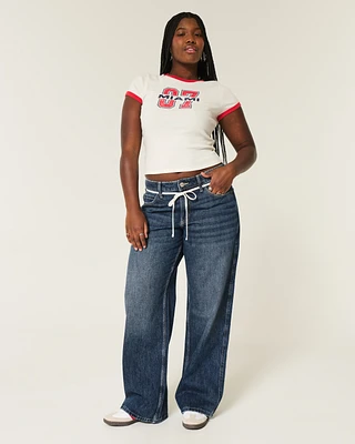 Curvy Mid-Rise Shoelace Waist Baggy Jeans
