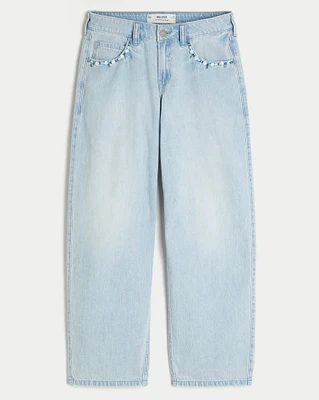 Low-Rise Light Wash Beaded Pockets Tapered Baggy Jeans