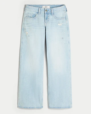 Low-Rise Distressed Light Wash Rhinestone Baggy Jeans
