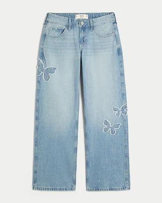 Low-Rise Light Wash Butterfly Applique Baggy Jeans