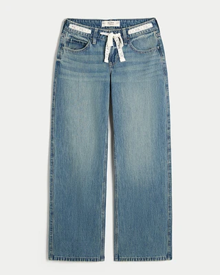 Low-Rise Medium Wash Lace Waist Baggy Jeans