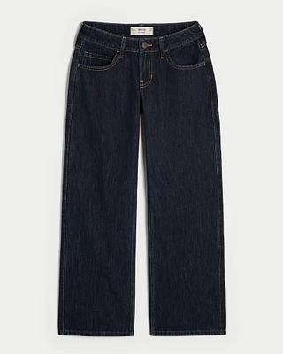 Low-Rise Dark Wash Plaid Hearts Baggy Jeans