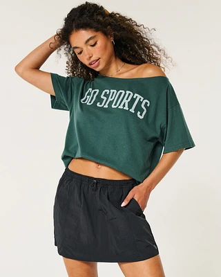 Oversized Off-the-Shoulder Go Sports Graphic Tee