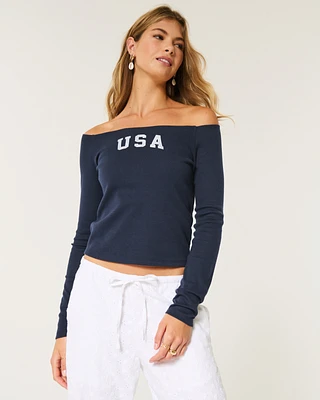 Long-Sleeve Off-the-Shoulder USA Graphic Baby Tee
