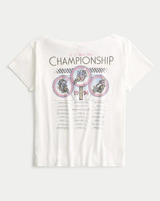 Oversized Off-the-Shoulder Motorcycle Racing Graphic Tee