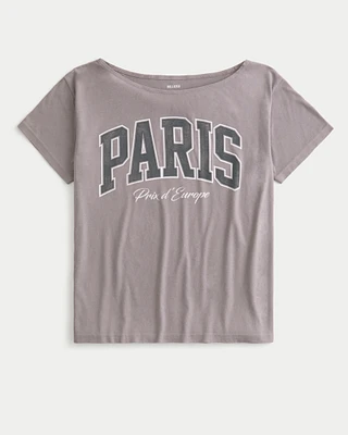 Oversized Off-the-Shoulder Paris Graphic Tee