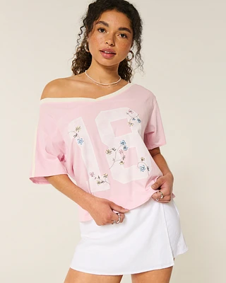 Oversized Off-the-Shoulder Varsity Floral Graphic Tee