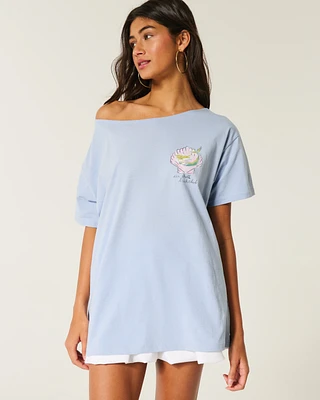 Oversized Off-the-Shoulder Sea Shell Beach Club Graphic Tee